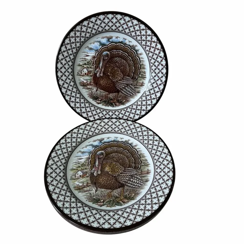 4 Royal Stafford Thanksgiving TURKEY Porcelain Salad Plates 8in England NEW